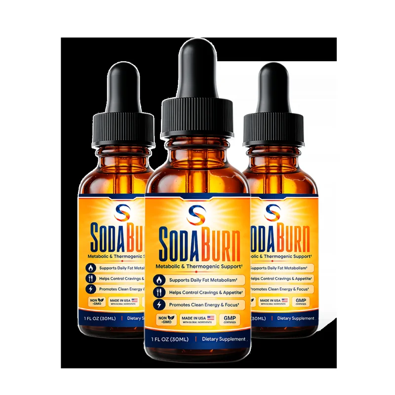 Three SodaBurn Drops bottles showing the front label and dietary supplement panel